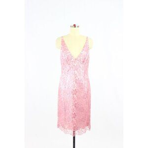 MILLY Pink Silver Metallic Floral Lace Plunge V-Neck Sheath Dress, Size 8